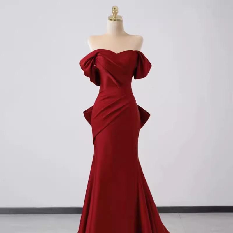 Sexy Mermaid Off The Shoulder Satin Burgundy Long Prom Dresses
