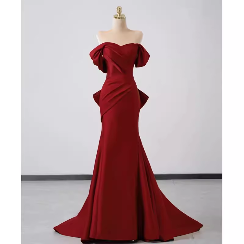 Sexy Mermaid Off The Shoulder Satin Burgundy Long Prom Dresses