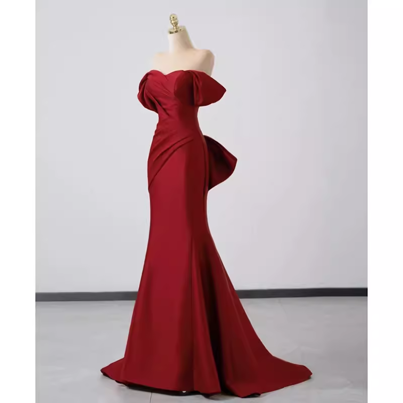 Sexy Mermaid Off The Shoulder Satin Burgundy Long Prom Dresses