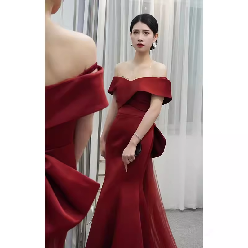 Sexy Mermaid Off The Shoulder Satin Burgundy Long Prom Dresses With Bowknot