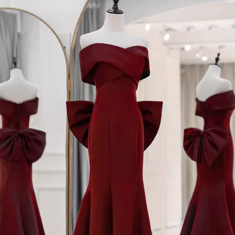 Sexy Mermaid Off The Shoulder Satin Burgundy Long Prom Dresses With Bowknot