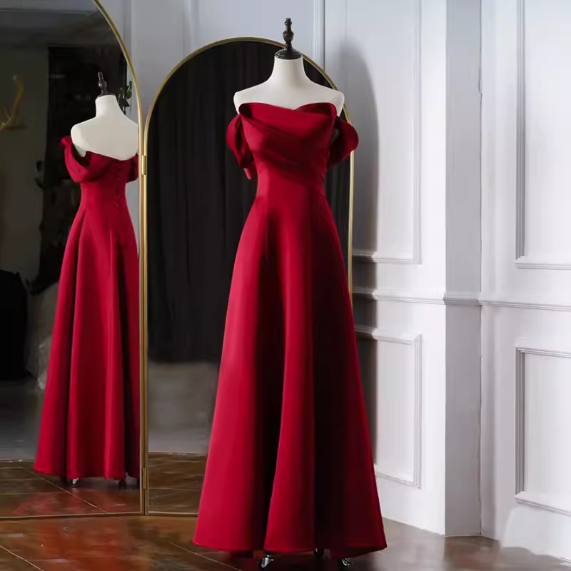 Sexy A Line Off The Shoulder Satin Burgundy Long Prom Dresses