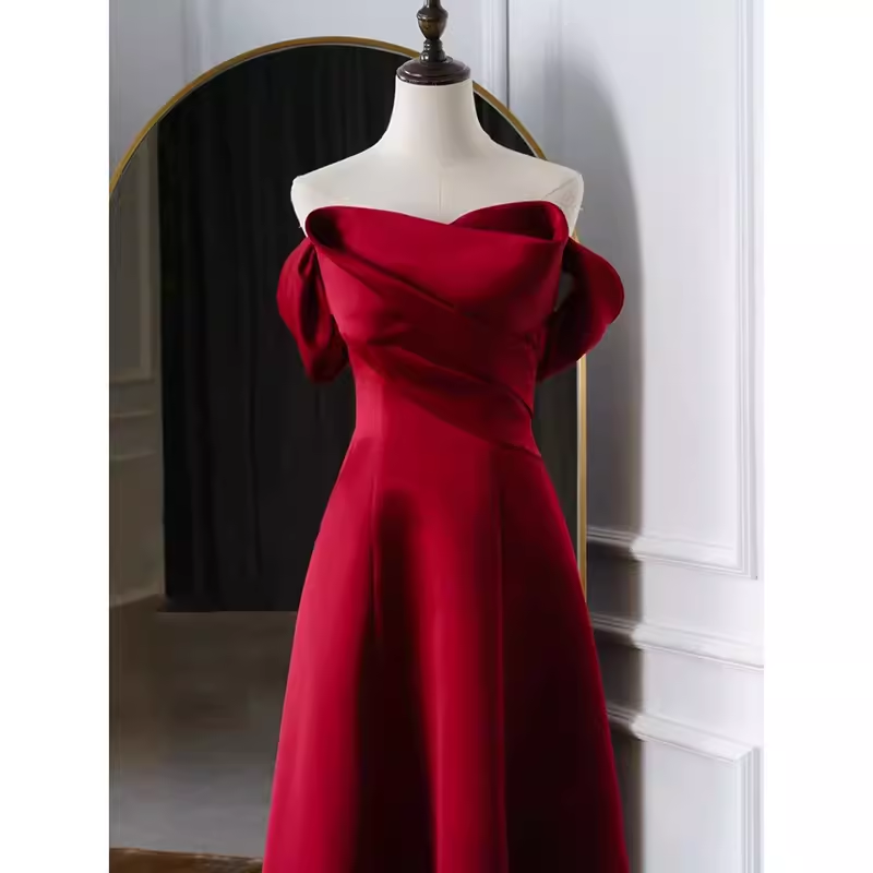 Sexy A Line Off The Shoulder Satin Burgundy Long Prom Dresses