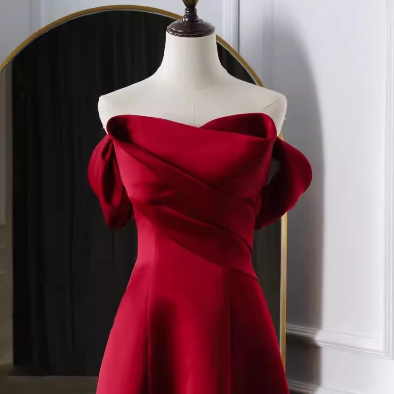Sexy A Line Off The Shoulder Satin Burgundy Long Prom Dresses