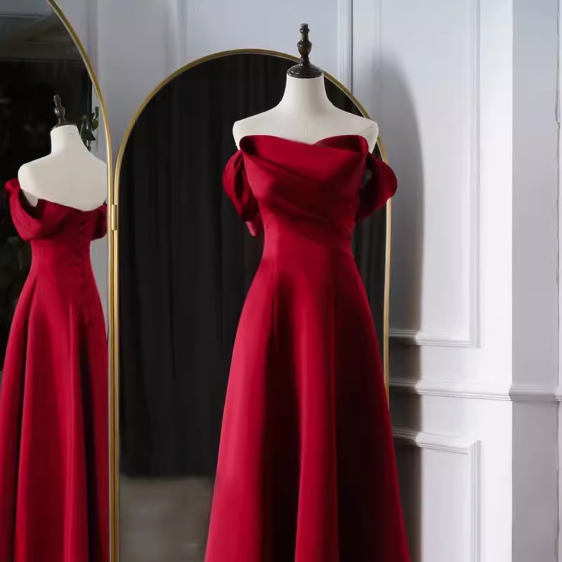 Sexy A Line Off The Shoulder Satin Burgundy Long Prom Dresses