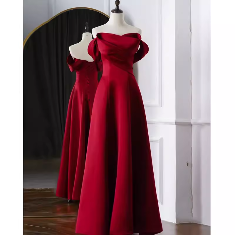 Sexy A Line Off The Shoulder Satin Burgundy Long Prom Dresses