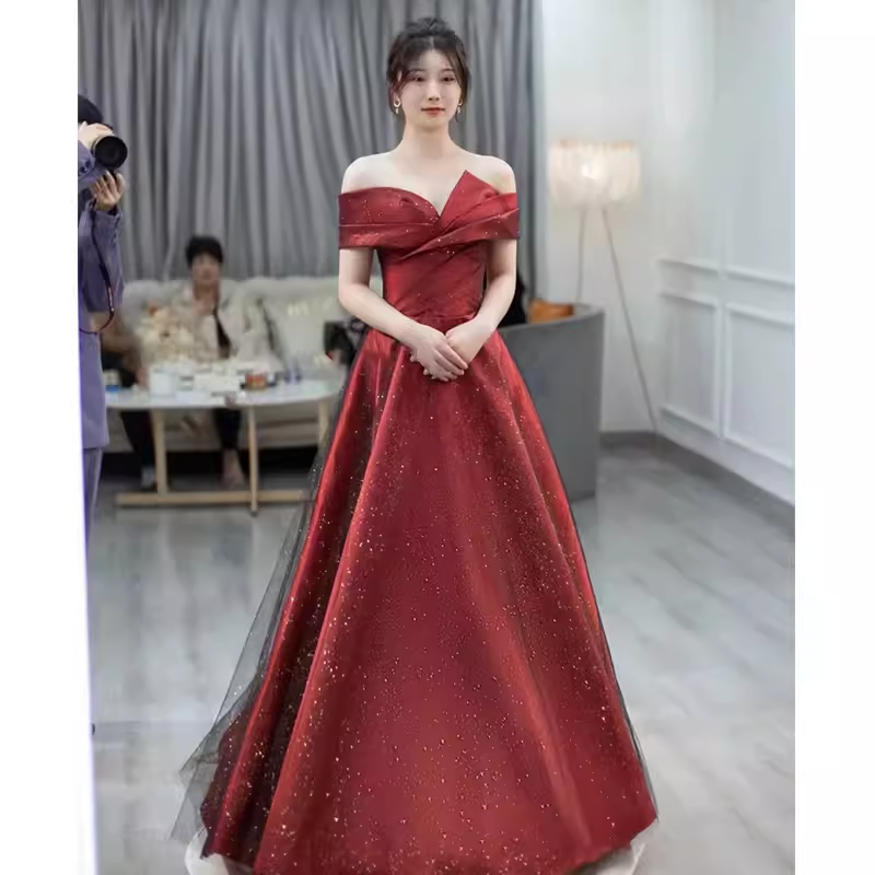 Sexy A Line Off The Shoulder Satin Burgundy Tulle Long Prom Dresses
