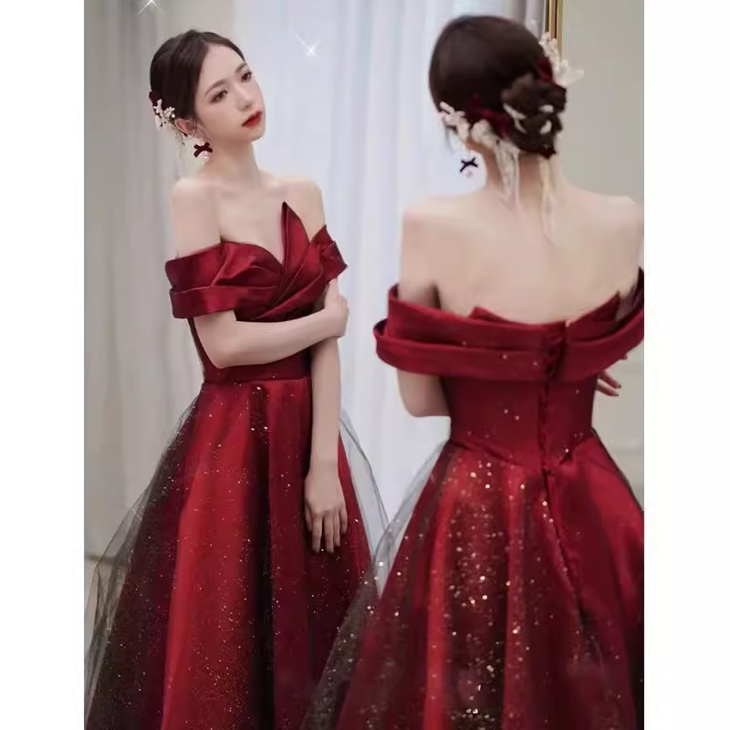 Sexy A Line Off The Shoulder Satin Burgundy Tulle Long Prom Dresses