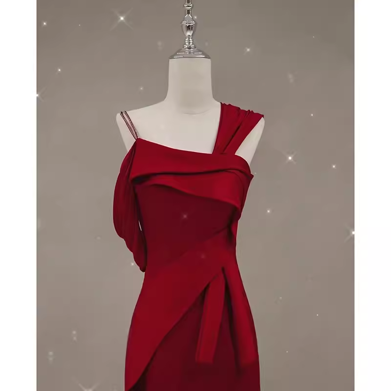 Sexy Mermaid Straps Satin Burgundy Long Prom Dresses