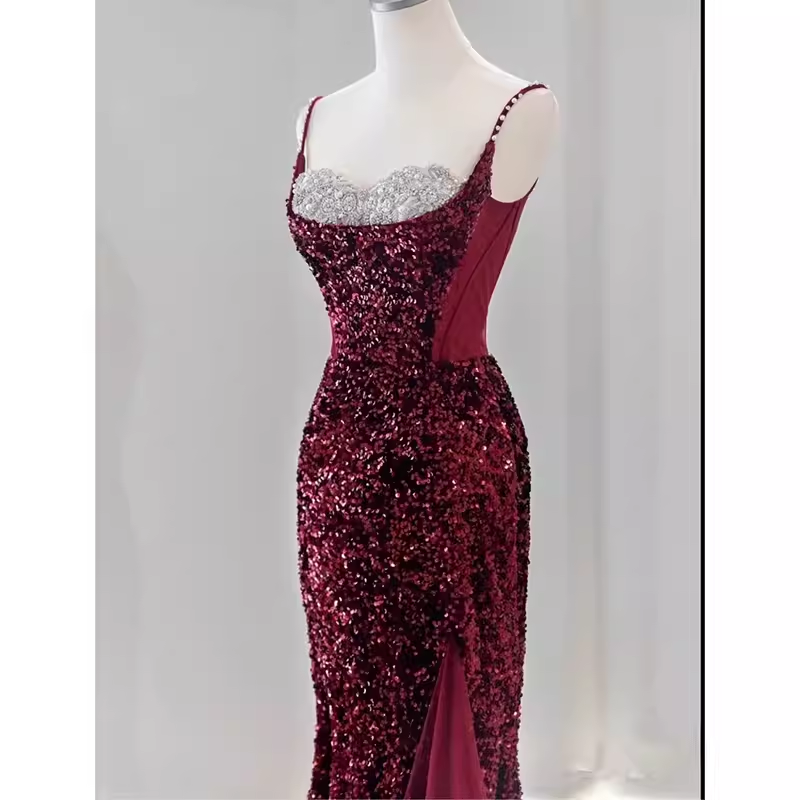 Sexy Mermaid Spaghetti Straps Sequin Burgundy Long Prom Dresses