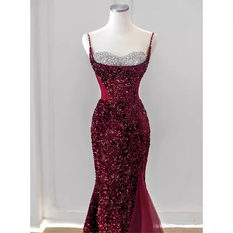Sexy Mermaid Spaghetti Straps Sequin Burgundy Long Prom Dresses