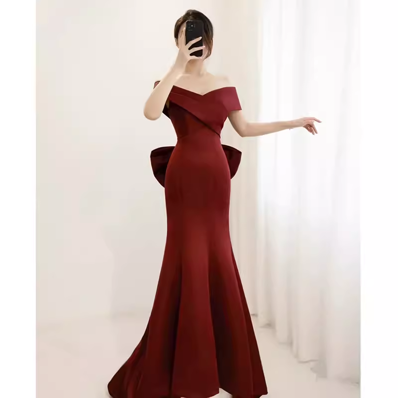 Sexy Mermaid Off The Shoulder Satin Burgundy Long Prom Dresses With Bowknot