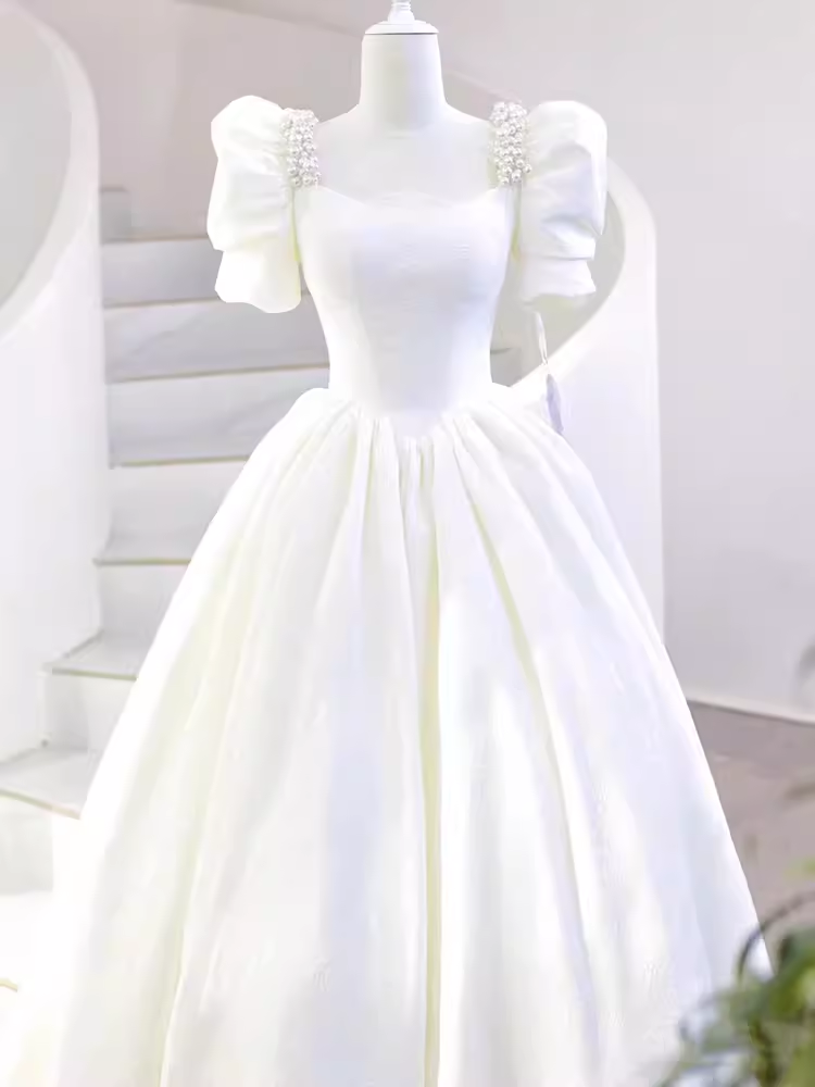Fairytale A Line Short Sleeves Lace White Long Wedding Dresses