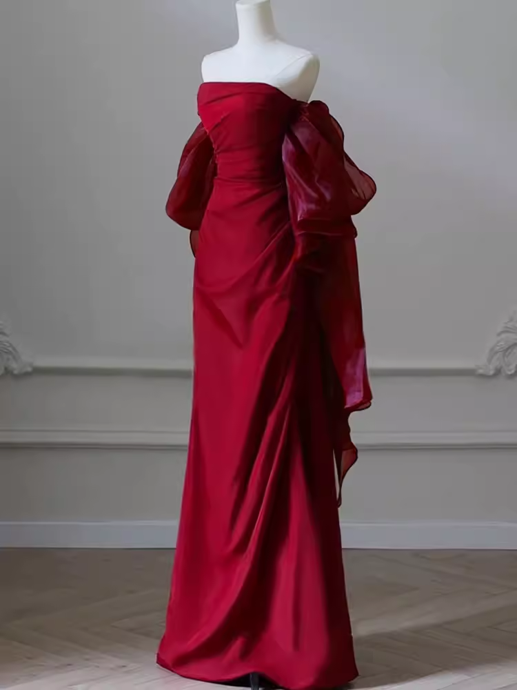 Sexy Mermaid Off The Shoulder Short Sleeves Satin Burgundy Prom Dress