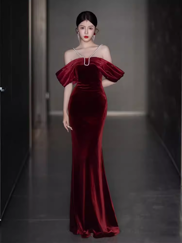 Sexy Mermaid Off The Shoulder Short Sleeves Velvet Burgundy Prom Dress
