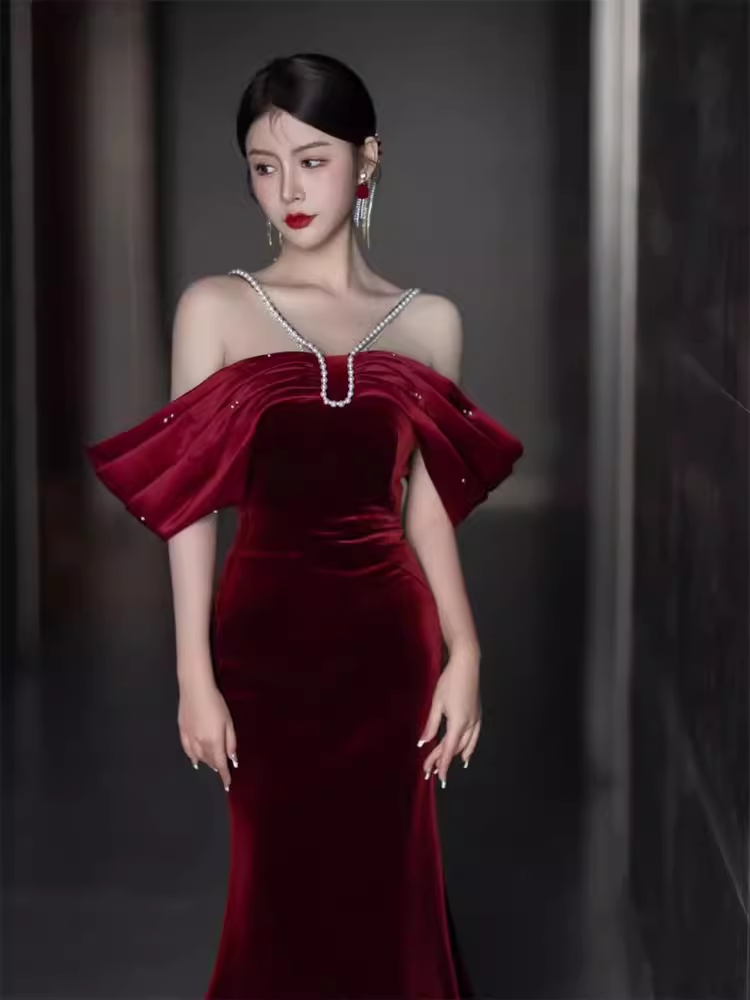 Sexy Mermaid Off The Shoulder Short Sleeves Velvet Burgundy Prom Dress