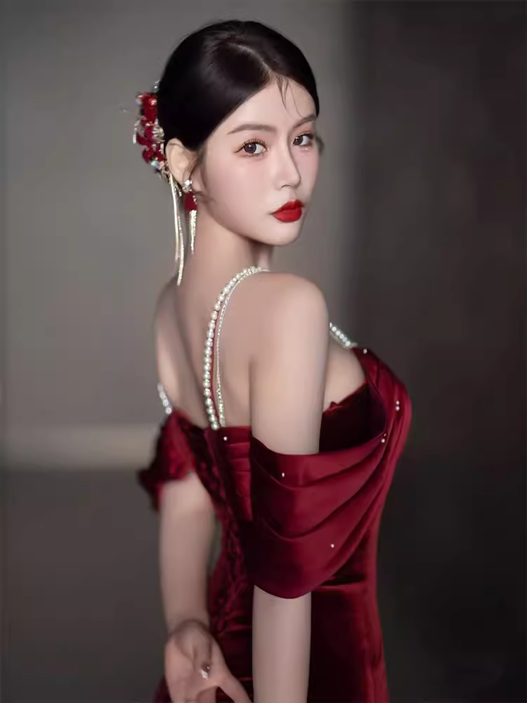 Sexy Mermaid Off The Shoulder Short Sleeves Velvet Burgundy Prom Dress
