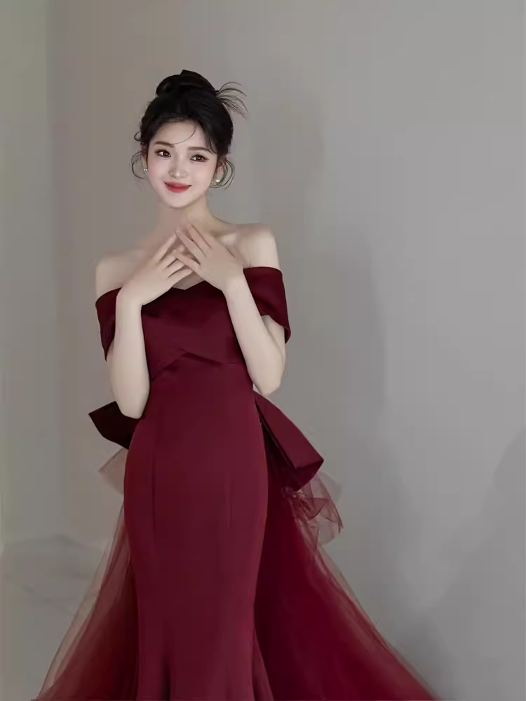 Sexy Mermaid Off The Shoulder Short Sleeves Burgundy Prom Dress Satin Birthday Outfits