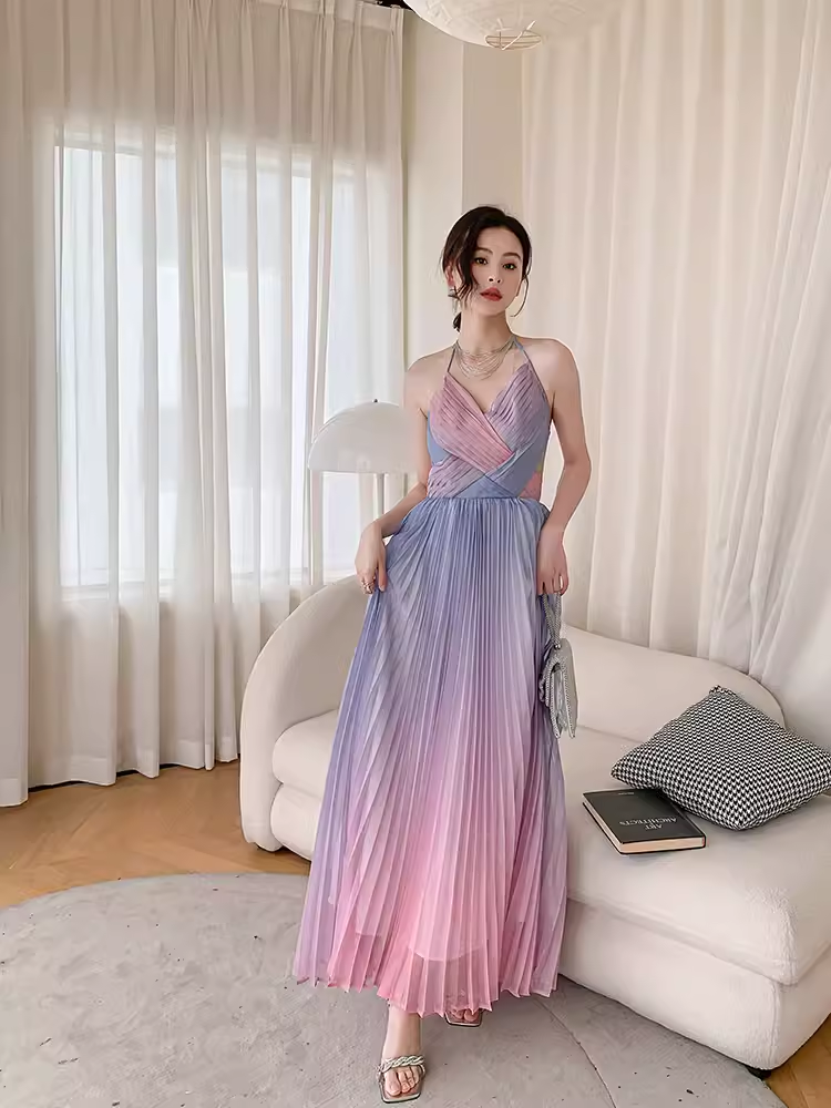 Vintage Mermaid Halter Sleeveless Ombre Pink Long Prom Dresses C85