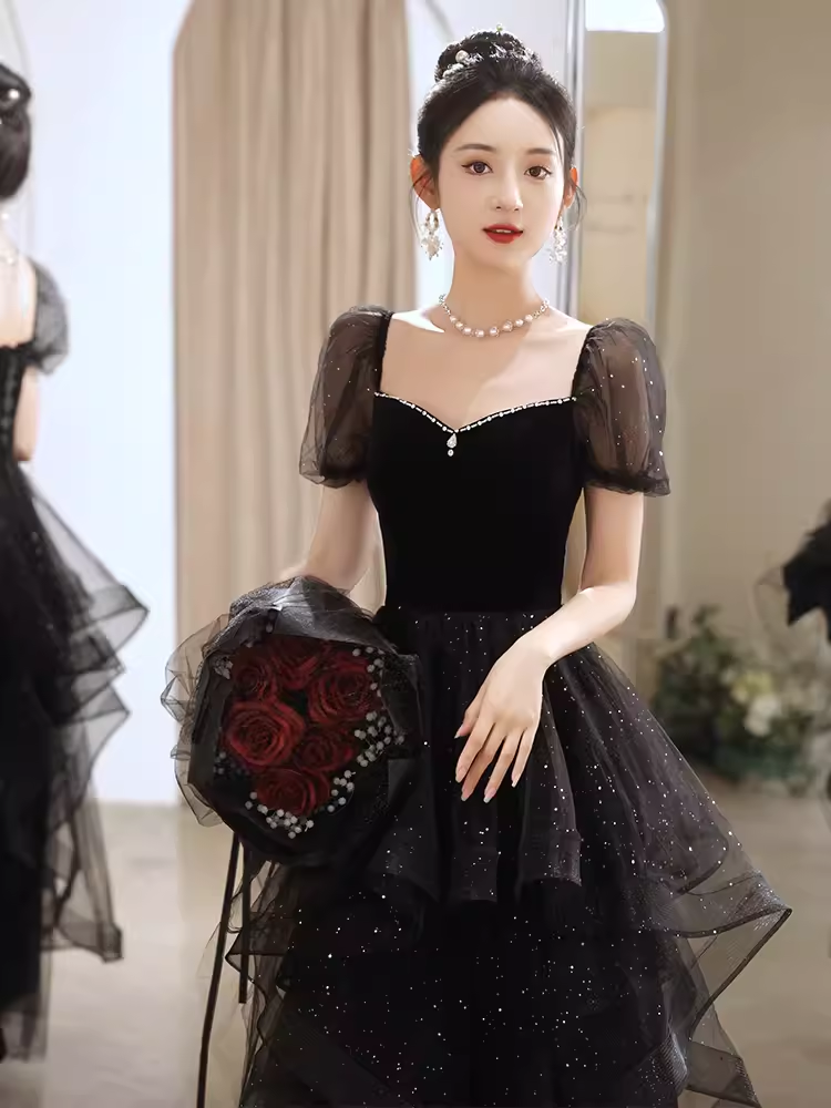 Sexy A Line Short Sleeves Black Prom Dress Tulle Birthday Outfits