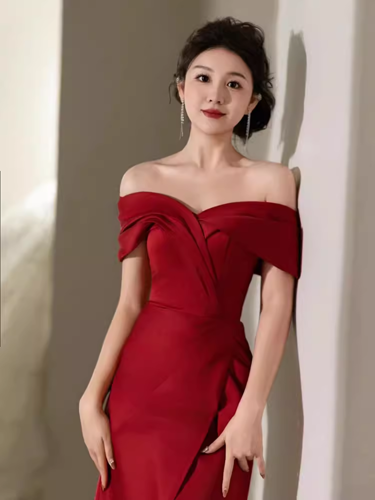 Modest Mermaid Off The Shoulder Satin Red Prom Dress Long Evening Dress
