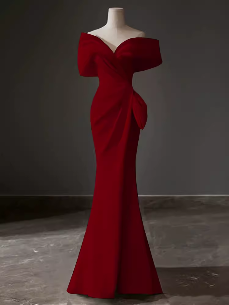 Modest Mermaid Off The Shoulder Satin Red Prom Dress Long Evening Dress