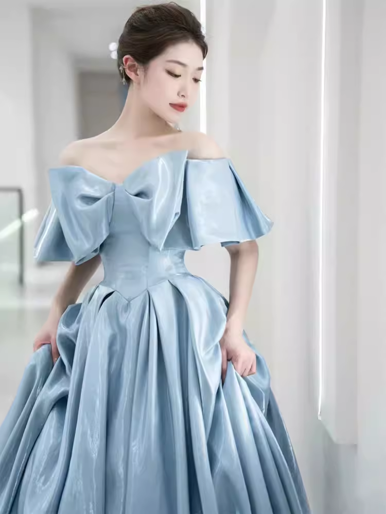 Modest A line Off The Shoulder Satin Light Sky Blue Prom Dress Long Evening Dress