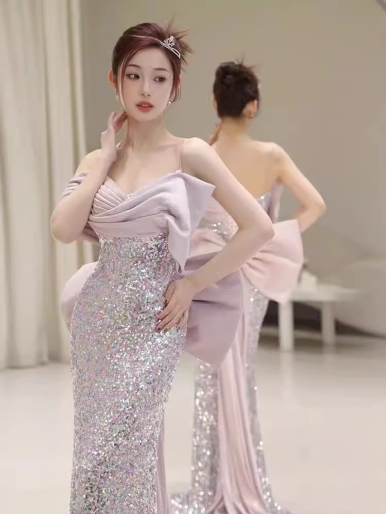 Modest Memaid Off The Shoulder Satin Sequin Prom Dress Long Evening Dress