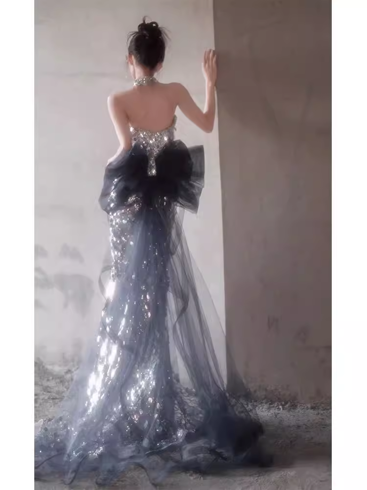 Shiny Memaid Strapless Sequin Prom Dress Long Silver Evening Dress