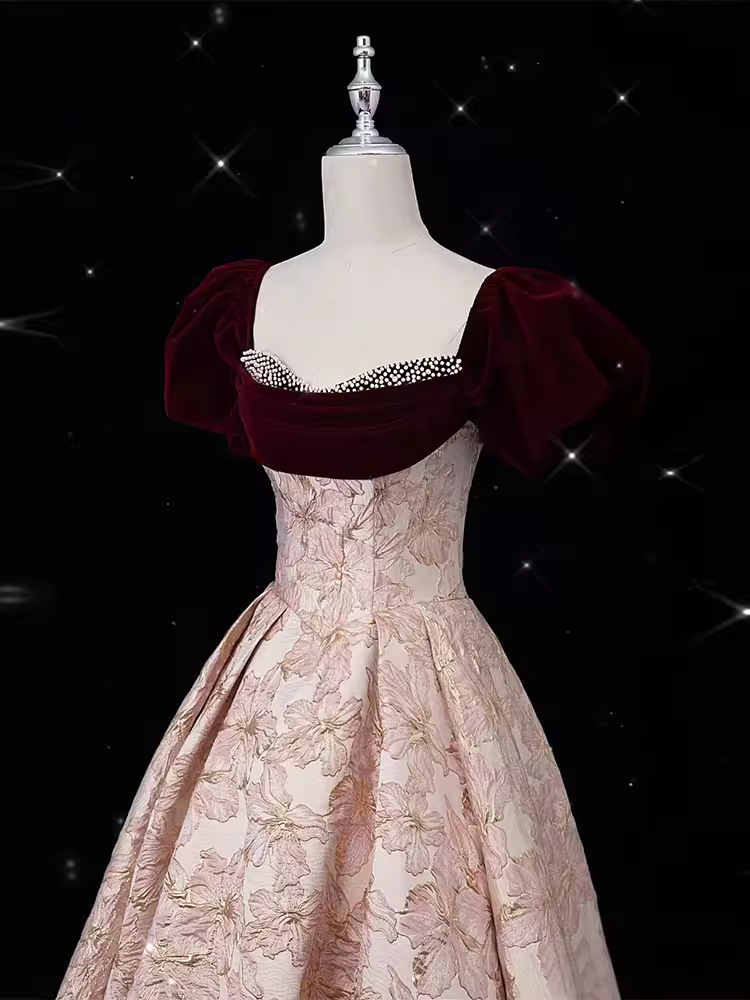 Vintage Ball Gown Strapless Velvet Burgundy Prom Dress Long Pink Evening Dress