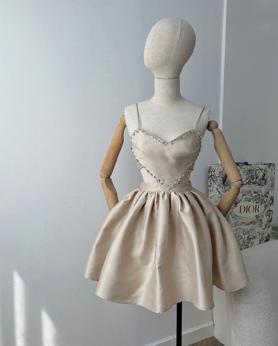 Simple Spaghetti Straps Sleeveless Beaded Satin A-Line Mini Homecoming Dress