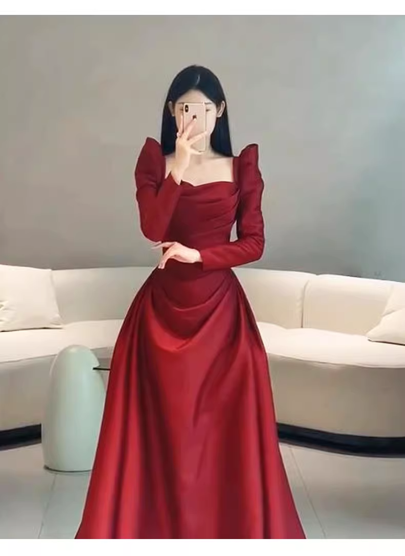 Simple Mermaid Long Sleeves Red Long Prom Dresses C88