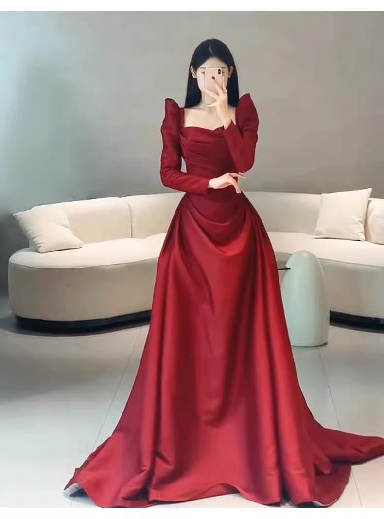 Simple Mermaid Long Sleeves Red Long Prom Dresses C88
