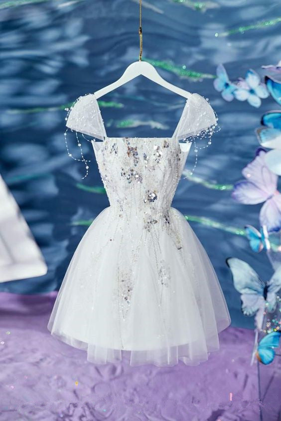 Simple Ball Gown Tulle Short Birthday Outfits White Homecoming Dress