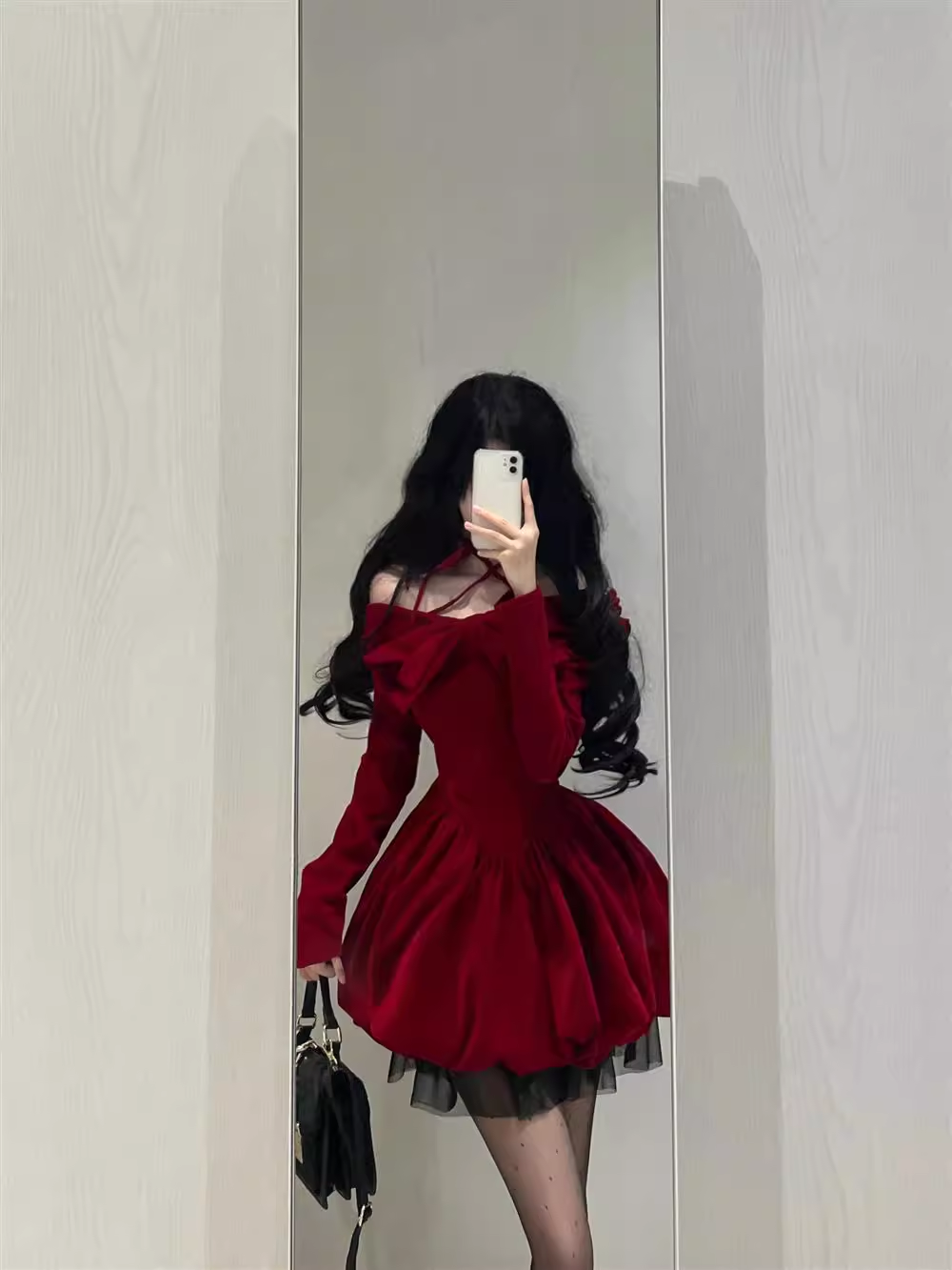 Cute Ball Gown Long Sleeves Velvet Red Short Cocktail Dresses Birthday Outfits