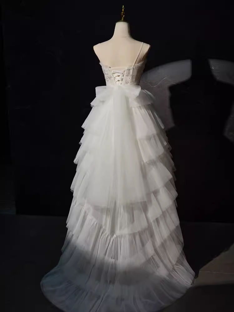 Sexy High Low Straps Sleeveless White Tulle Long Prom Dress
