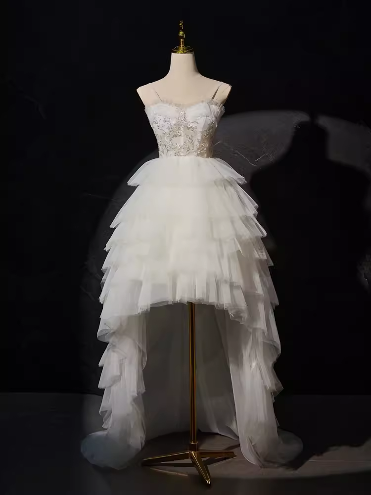 Sexy High Low Straps Sleeveless White Tulle Long Prom Dress