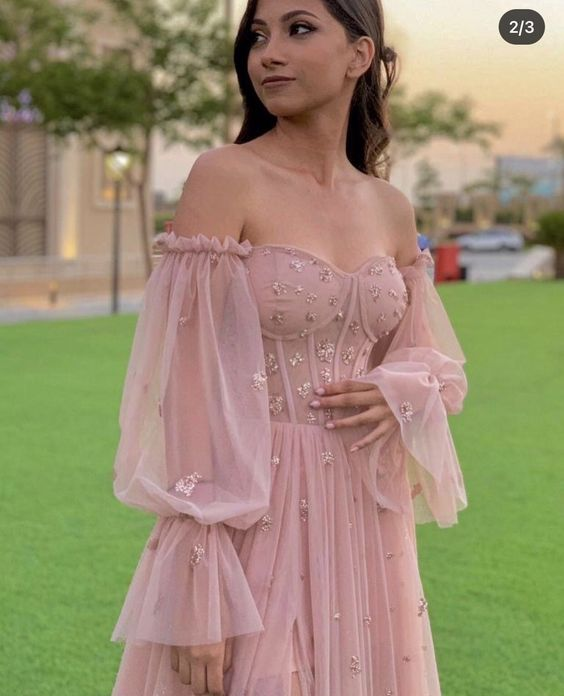 A-line Pink Unique Modest Long Sleeves Formal Prom Dress