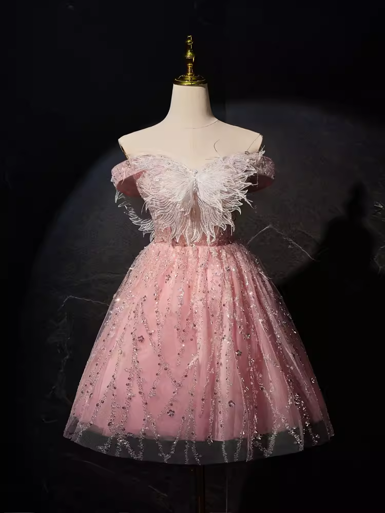 Modest Ball Gown Off The Shoulder Pink Tulle Birthday Outfits Homecoming Dress