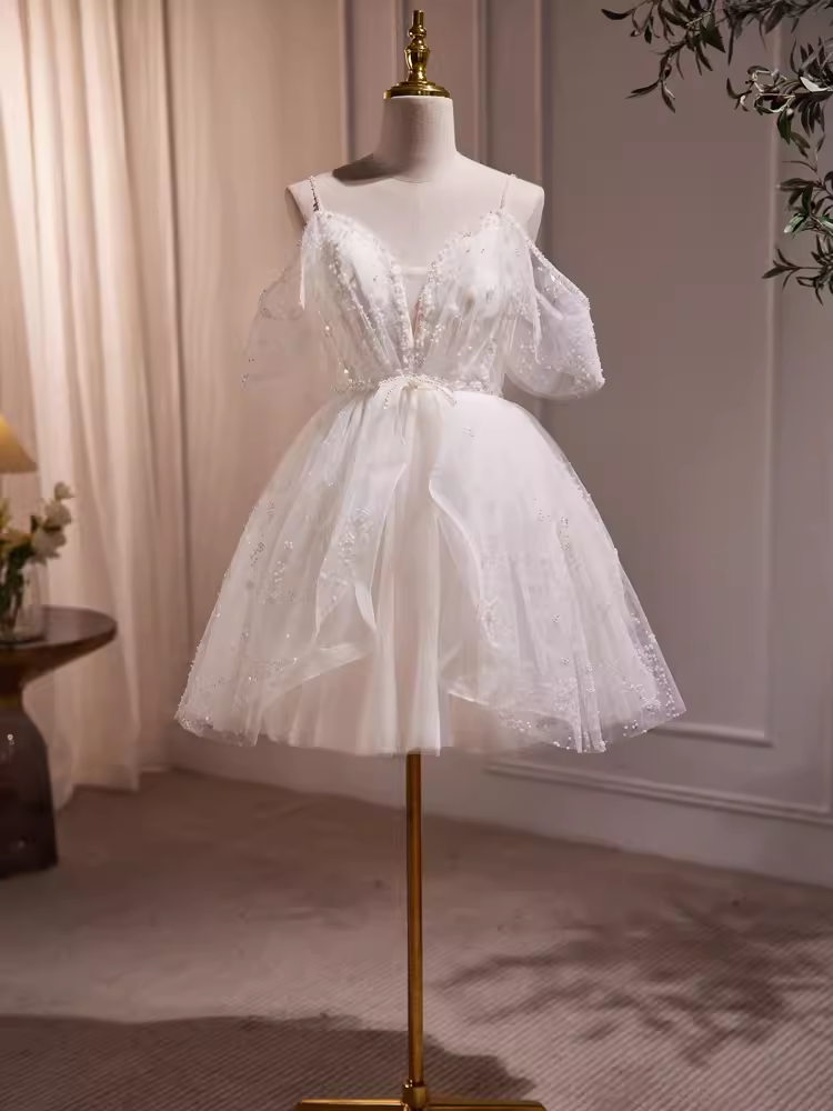 Modest Ball Gown Off The Shoulder White Tulle Birthday Outfits Homecoming Dress