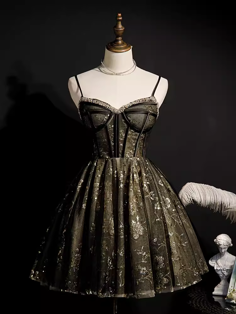 Modest Ball Gown Spaghetti Straps Black Tulle Birthday Outfit Homecoming Dress