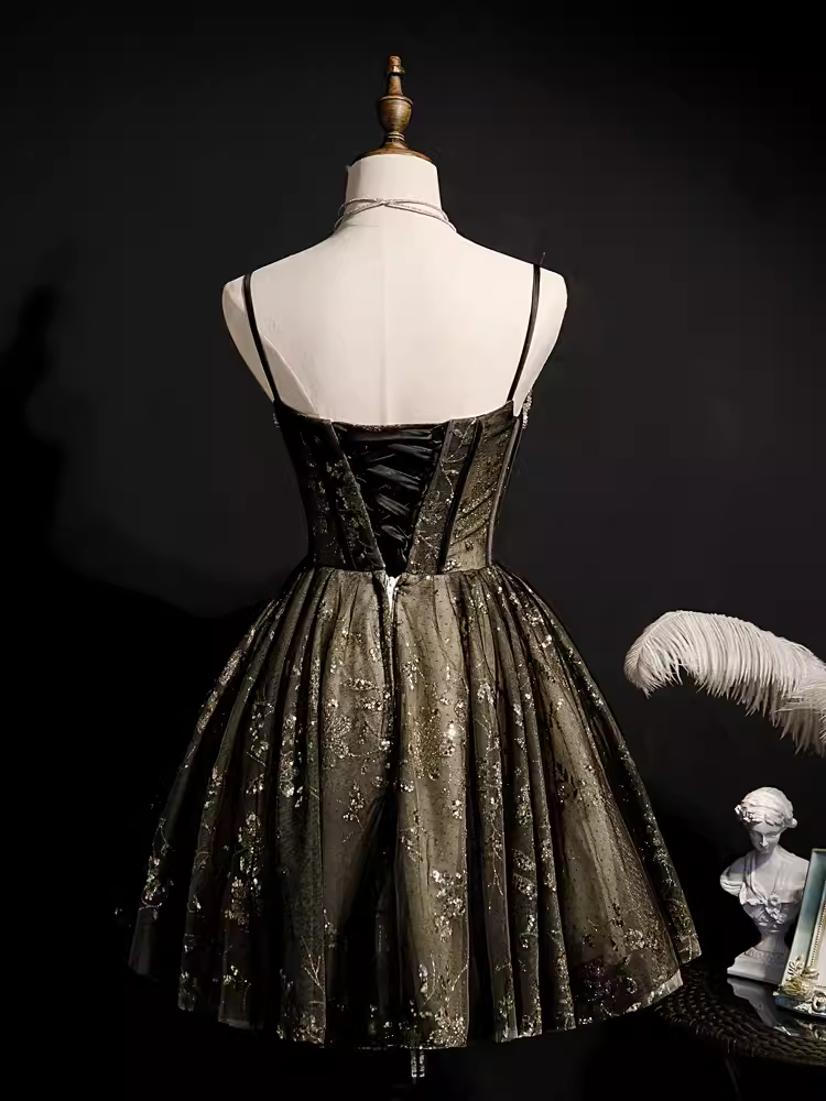 Modest Ball Gown Spaghetti Straps Black Tulle Birthday Outfit Homecoming Dress