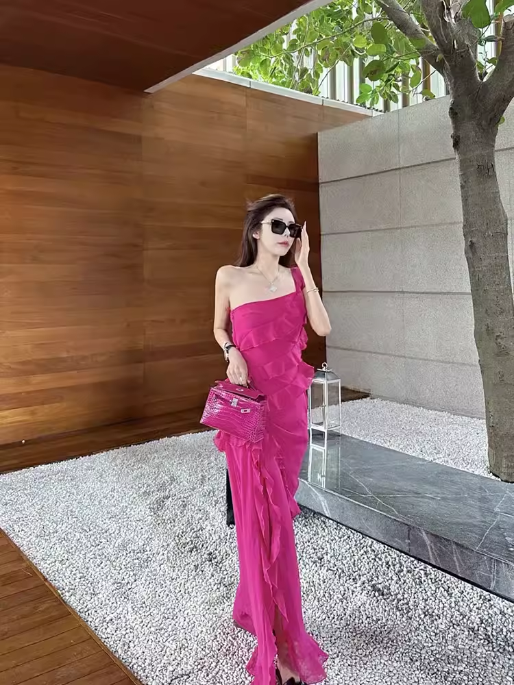 Sexy Sheath One Shoulder Slit Chiffon Long Prom Dress With Ruffles