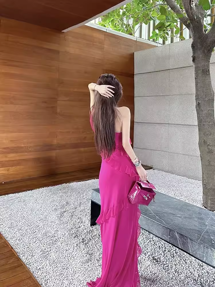 Sexy Sheath One Shoulder Slit Chiffon Long Prom Dress With Ruffles