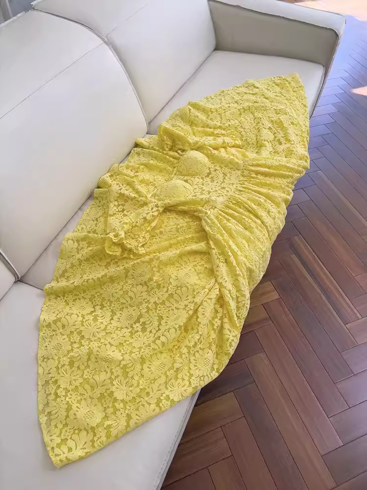 Sexy A Line Square Neckline Lace Yellow Long Prom Dresses