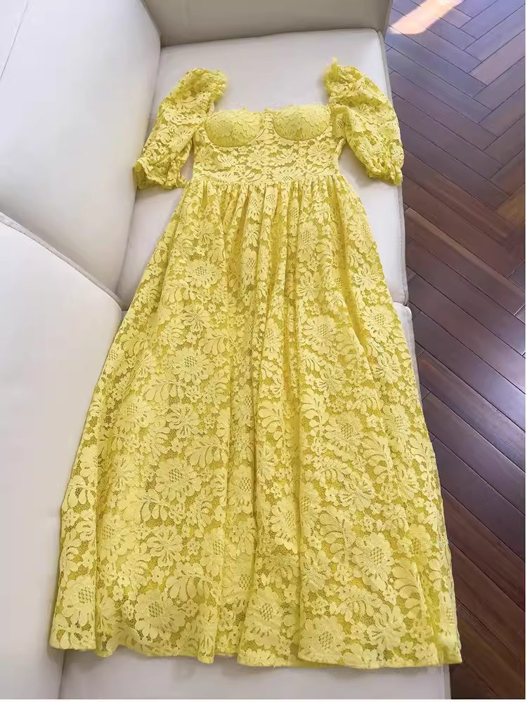 Sexy A Line Square Neckline Lace Yellow Long Prom Dresses