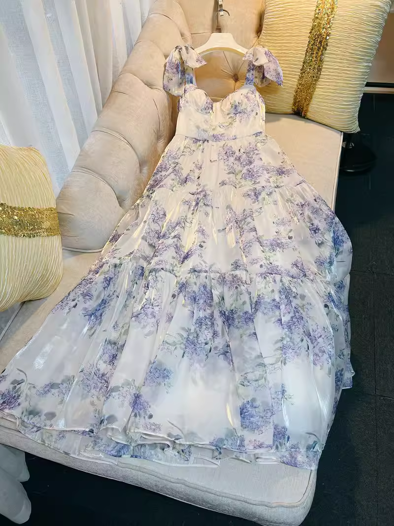 Sexy A Line StrapsNeckline Flower Lace Lilac Long Prom Dresses