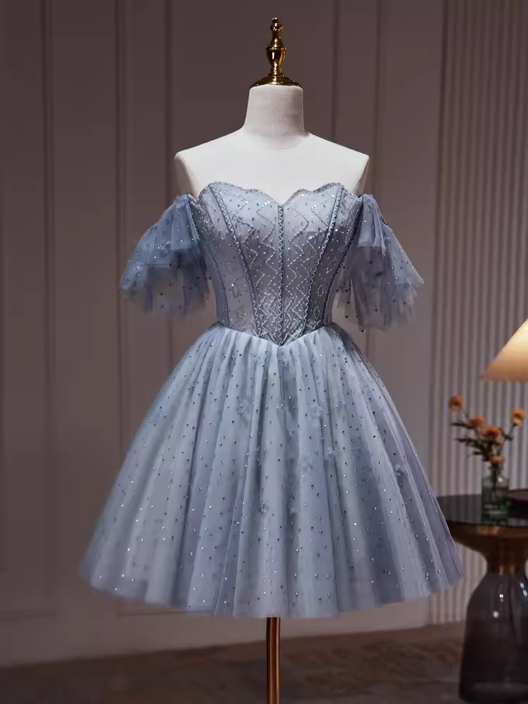 Sexy A line Off The Shoulder Tulle Gray Blue Homecoming Dresses