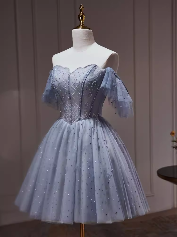 Sexy A line Off The Shoulder Tulle Gray Blue Homecoming Dresses