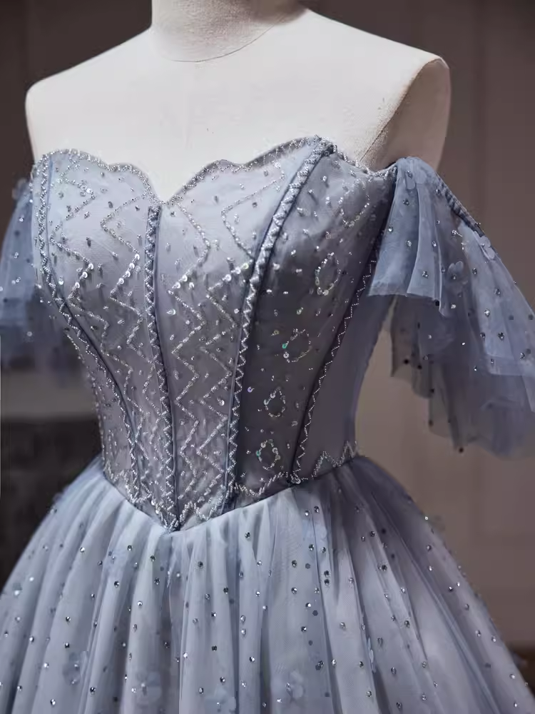 Sexy A line Off The Shoulder Tulle Gray Blue Homecoming Dresses